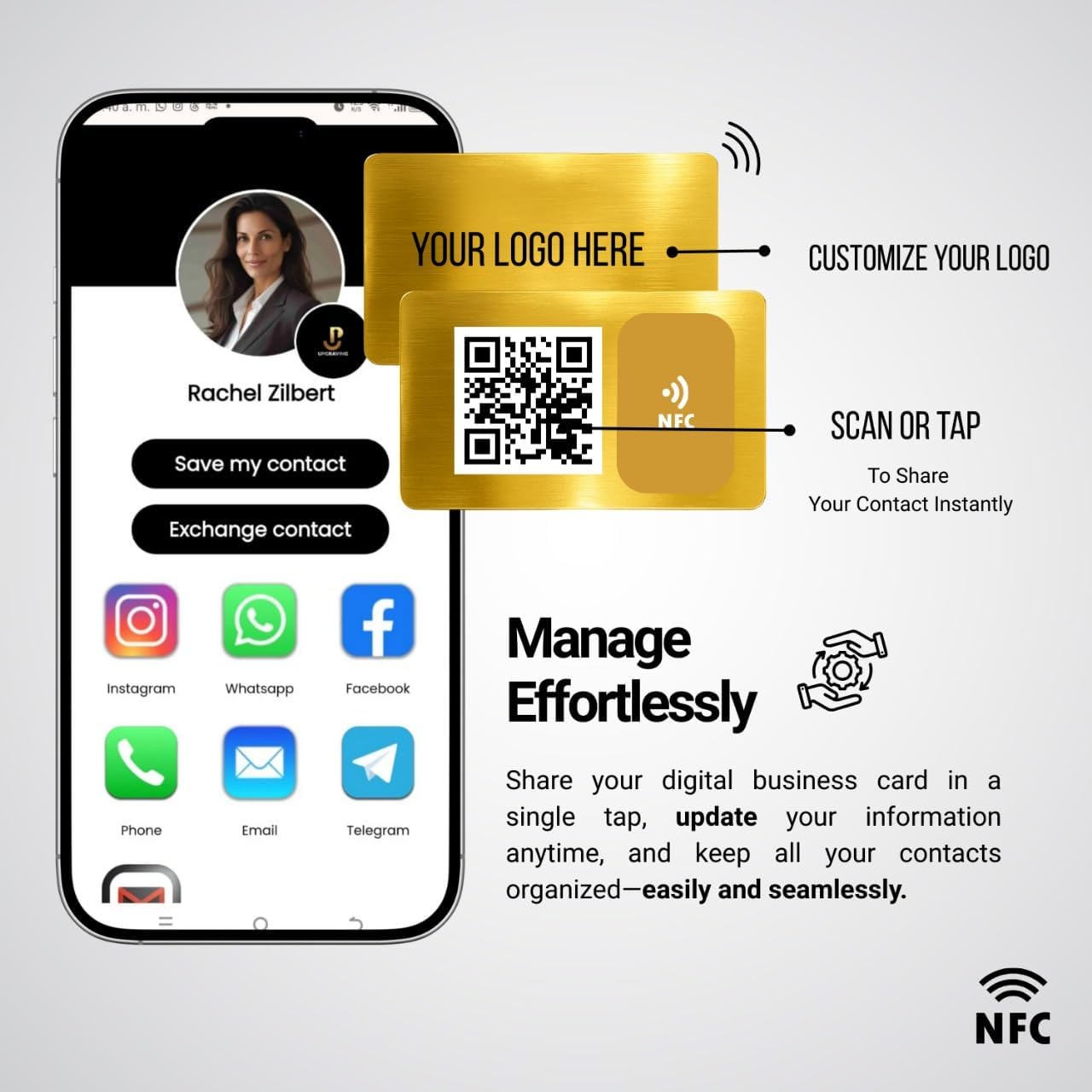 NFC Business Card – Gold Brushed Metal, Tap to Share